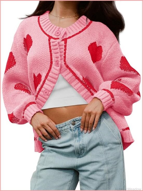 Sweaters - Women's Chunky Knit Heart Cardigan Sweater Crewneck Long Sleeve Button Down